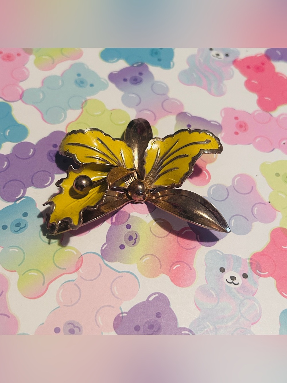 Vintage Yellow Enamel Floral Brooch Gold Tone Mid Century Flower Pin